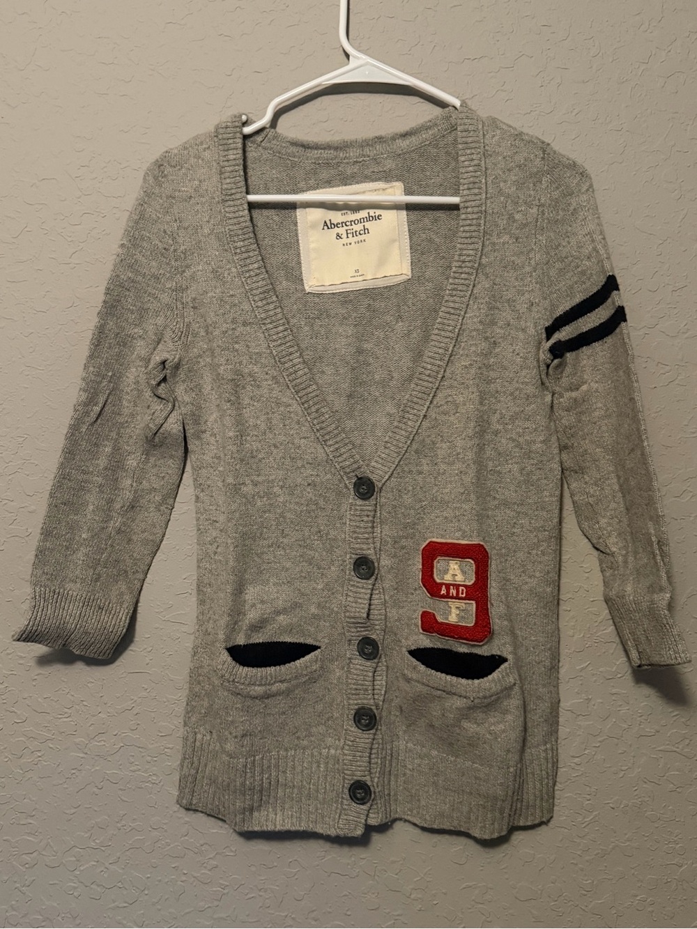 Abercrombie & Fitch Gray Cardigan Sweater with Red Patch